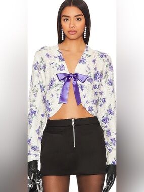 MAJORELLE Luan Floral Wool Blend Cardigan in White And Blue With Satin Bow XS